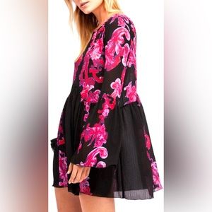 FREE PEOPLE Printed Symphony Slip Dress Tunic X-SMALL Black & Pink OB721476